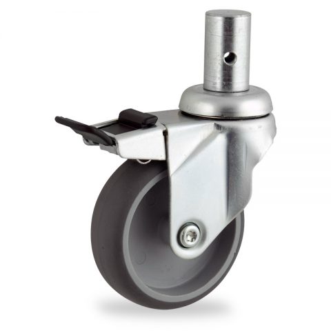 Zinc plated total lock caster 100mm for light trolleys,wheel made of grey rubber,plain bearing.Fitting with round stem 28x50mm