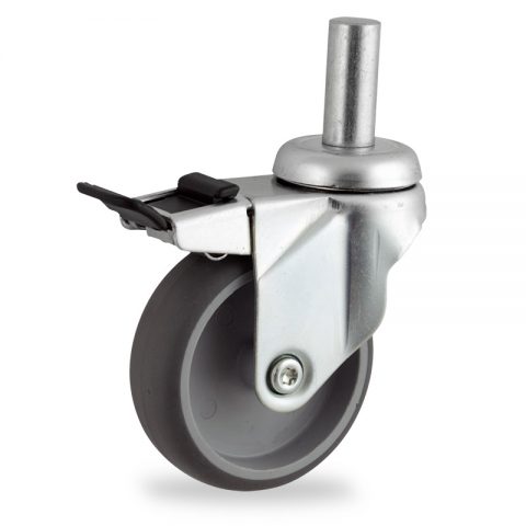 Zinc plated total lock caster 100mm for light trolleys,wheel made of grey rubber,plain bearing.Fitting with round stem 20x45mm