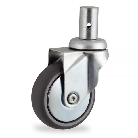Zinc plated swivel caster 100mm for light trolleys,wheel made of grey rubber,plain bearing.Fitting with round stem 28x50mm