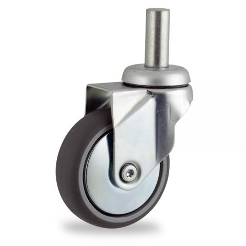 Zinc plated swivel caster 100mm for light trolleys,wheel made of grey rubber,plain bearing.Fitting with round stem 20x45mm