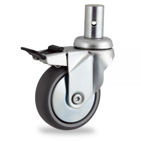 Zinc plated total lock caster 100mm for light trolleys,wheel made of grey rubber,plain bearing.Fitting with round stem 28x50mm
