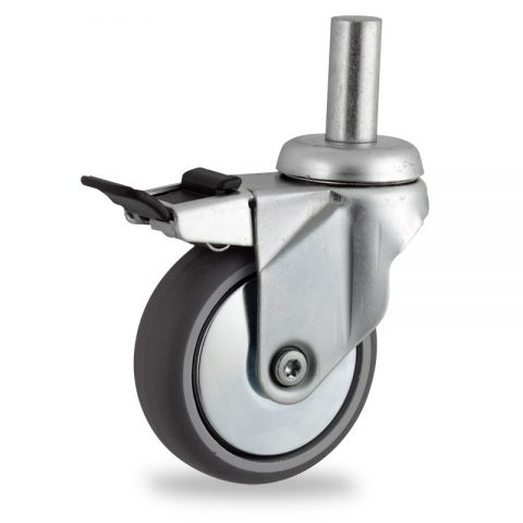 Zinc plated total lock caster 100mm for light trolleys,wheel made of grey rubber,plain bearing.Fitting with round stem 20x45mm