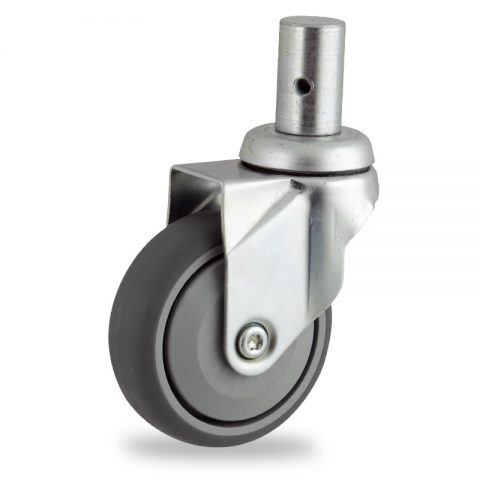 Zinc plated swivel caster 100mm for light trolleys,wheel made of grey rubber,single precision ball bearing.Fitting with round stem 28x50mm