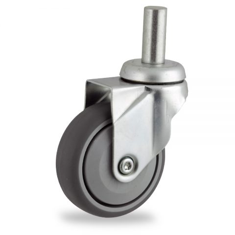 Zinc plated swivel caster 100mm for light trolleys,wheel made of grey rubber,single precision ball bearing.Fitting with round stem 20x45mm