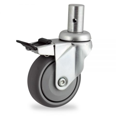 Zinc plated total lock caster 100mm for light trolleys,wheel made of grey rubber,single precision ball bearing.Fitting with round stem 28x50mm