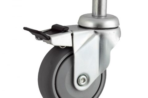 Zinc plated total lock caster 100mm for light trolleys,wheel made of grey rubber,single precision ball bearing.Fitting with round stem 20x45mm
