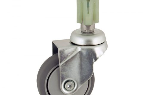 Zinc plated swivel caster 75mm for light trolleys,wheel made of grey rubber,plain bearing.Fitting with square expander socket 21/24