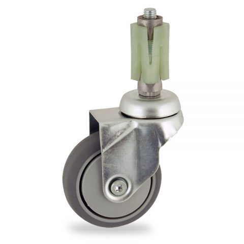 Zinc plated swivel caster 50mm for light trolleys,wheel made of grey rubber,precision bearing.Fitting with square expander socket 27/31