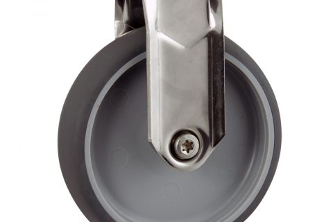 Stainless fixed caster 125mm for light trolleys,wheel made of grey rubber,plain bearing.Hollow rivet