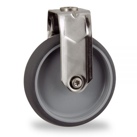 Stainless fixed caster 125mm for light trolleys,wheel made of grey rubber,double ball bearings.Hollow rivet