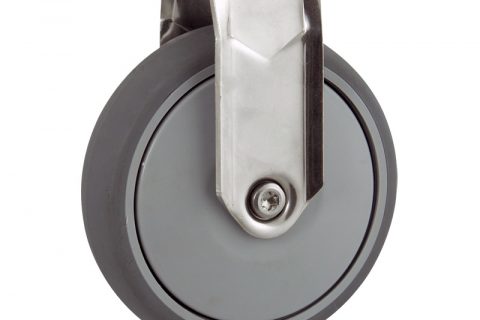 Stainless fixed caster 125mm for light trolleys,wheel made of grey rubber,single precision ball bearing.Hollow rivet