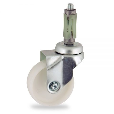Zinc plated swivel caster 50mm for light trolleys,wheel made of polyamide,plain bearing.Fitting with round expander socket 26/30
