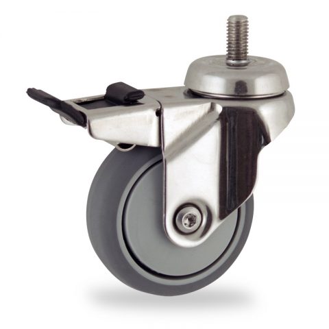 Stainless total lock caster 50mm for light trolleys,wheel made of grey rubber,precision bearing.Threaded stem fitting
