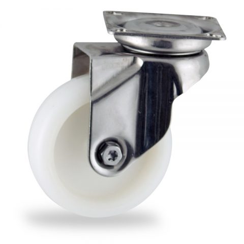Stainless swivel caster 50mm for light trolleys,wheel made of polyamide,plain bearing.Top plate fitting