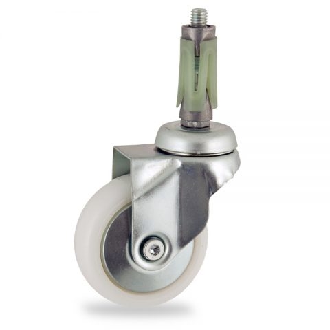Zinc plated swivel caster 75mm for light trolleys,wheel made of polyamide,plain bearing.Fitting with round expander socket 23/26