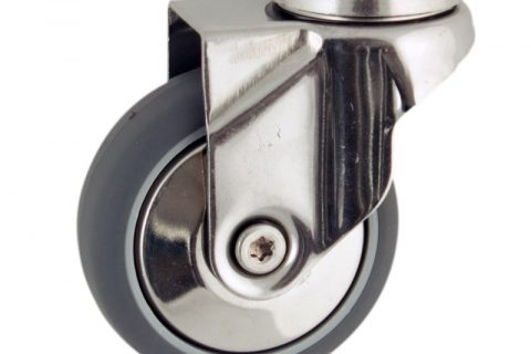 Stainless swivel caster 75mm for light trolleys,wheel made of grey rubber,plain bearing.Hollow rivet