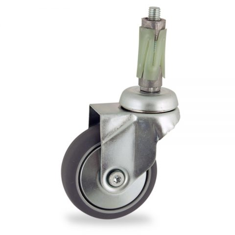 Zinc plated swivel caster 50mm for light trolleys,wheel made of grey rubber,double ball bearings.Fitting with round expander socket 26/30