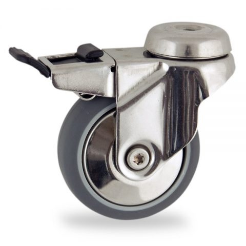 Stainless total lock caster 75mm for light trolleys,wheel made of grey rubber,double ball bearings.Hollow rivet