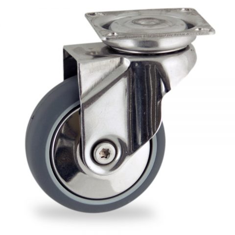 Stainless swivel caster 50mm for light trolleys,wheel made of grey rubber,double ball bearings.Top plate fitting
