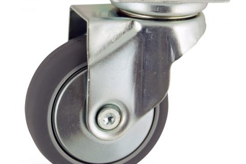 Zinc plated swivel caster 75mm for light trolleys,wheel made of grey rubber,plain bearing.Top plate fitting