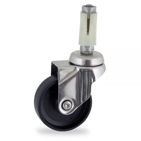 Stainless swivel caster 125mm for light trolleys,wheel made of polypropylene,plain bearing.Fitting with square expander socket 24/27