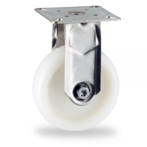 Stainless fixed caster 50mm for light trolleys,wheel made of polyamide,plain bearing.Top plate fitting