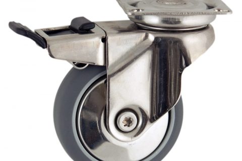 Stainless total lock caster 75mm for light trolleys,wheel made of grey rubber,double ball bearings.Top plate fitting