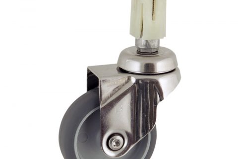 Stainless swivel caster 50mm for light trolleys,wheel made of grey rubber,plain bearing.Fitting with square expander socket 21/24
