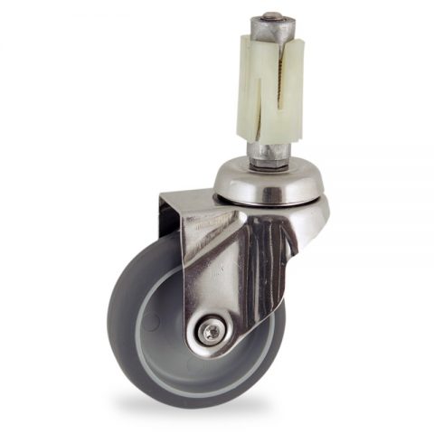 Stainless swivel caster 125mm for light trolleys,wheel made of grey rubber,plain bearing.Fitting with square expander socket 24/27