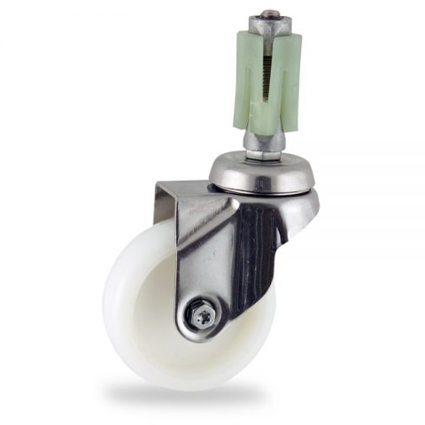 Stainless swivel caster 75mm for light trolleys,wheel made of polyamide,plain bearing.Fitting with square expander socket 31/35