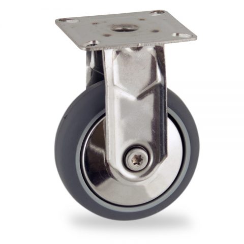 Stainless fixed caster 50mm for light trolleys,wheel made of grey rubber,plain bearing.Top plate fitting
