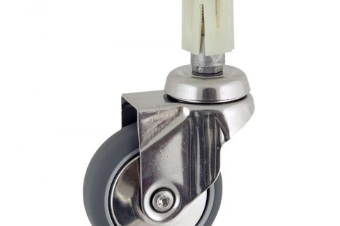 Stainless swivel caster 50mm for light trolleys,wheel made of grey rubber,plain bearing.Fitting with square expander socket 31/35