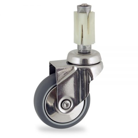 Stainless swivel caster 50mm for light trolleys,wheel made of grey rubber,double ball bearings.Fitting with square expander socket 27/31
