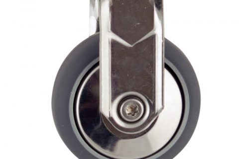 Stainless fixed caster 50mm for light trolleys,wheel made of grey rubber,double ball bearings.Hollow rivet