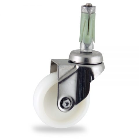 Stainless swivel caster 50mm for light trolleys,wheel made of polyamide,plain bearing.Fitting with round expander socket 23/26