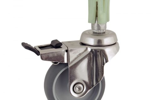 Stainless total lock caster 125mm for light trolleys,wheel made of grey rubber,double ball bearings.Fitting with square expander socket 21/24
