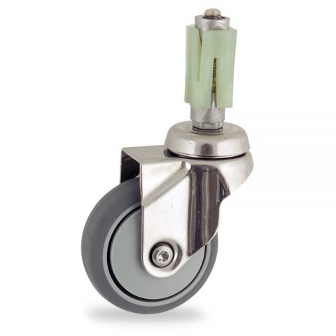 Stainless swivel caster 75mm for light trolleys,wheel made of grey rubber,plain bearing.Fitting with square expander socket 27/31