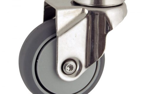 Stainless swivel caster 75mm for light trolleys,wheel made of grey rubber,plain bearing.Hollow rivet