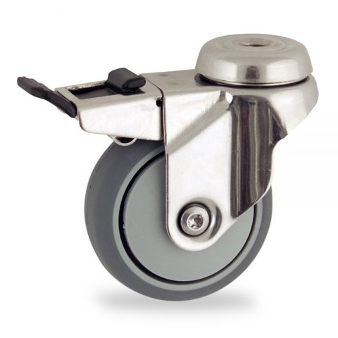 Stainless total lock caster 50mm for light trolleys,wheel made of grey rubber,precision bearing.Hollow rivet