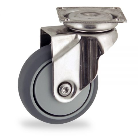 Stainless swivel caster 50mm for light trolleys,wheel made of grey rubber,precision bearing.Top plate fitting