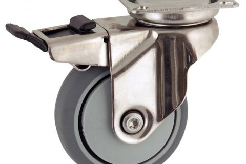 Stainless total lock caster 50mm for light trolleys,wheel made of grey rubber,precision bearing.Top plate fitting
