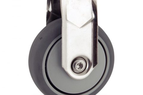 Stainless fixed caster 50mm for light trolleys,wheel made of grey rubber,precision bearing.Hollow rivet