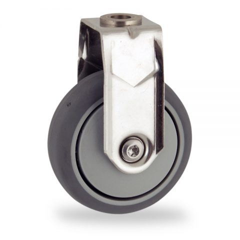 Stainless fixed caster 50mm for light trolleys,wheel made of grey rubber,precision bearing.Hollow rivet