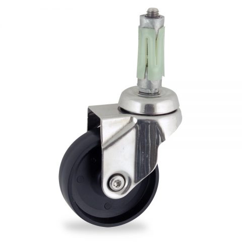 Stainless swivel caster 100mm for light trolleys,wheel made of polypropylene,plain bearing.Fitting with round expander socket 19/23