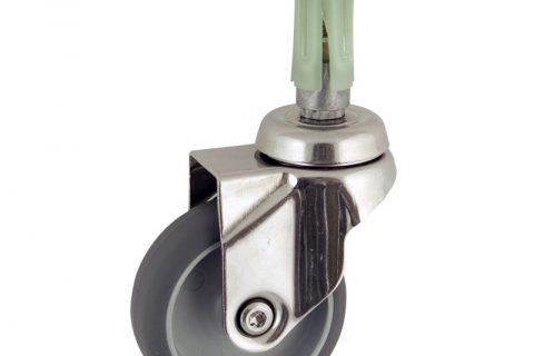 Stainless swivel caster 50mm for light trolleys,wheel made of grey rubber,plain bearing.Fitting with round expander socket 26/30