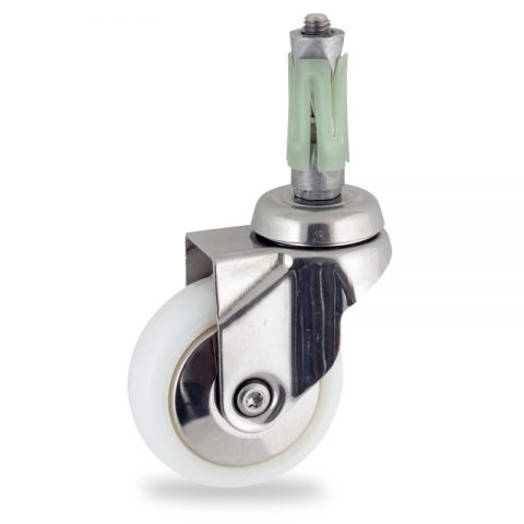 Stainless swivel caster 75mm for light trolleys,wheel made of polyamide,plain bearing.Fitting with round expander socket 26/30