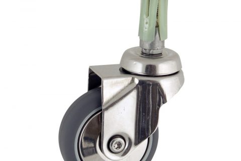 Stainless swivel caster 75mm for light trolleys,wheel made of grey rubber,double ball bearings.Fitting with round expander socket 23/26