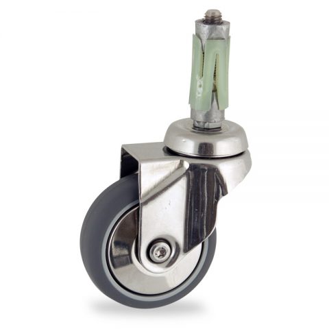 Stainless swivel caster 125mm for light trolleys,wheel made of grey rubber,plain bearing.Fitting with round expander socket 23/26
